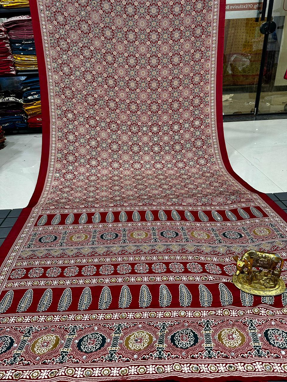 Ajrakh Crepe Silk Real Mirror Work Saree – 99 AED