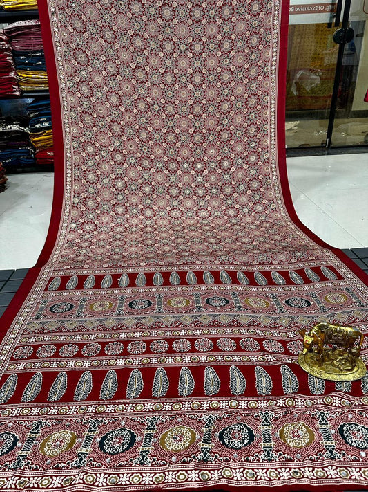 Ajrakh Crepe Silk Real Mirror Work Saree – 99 AED