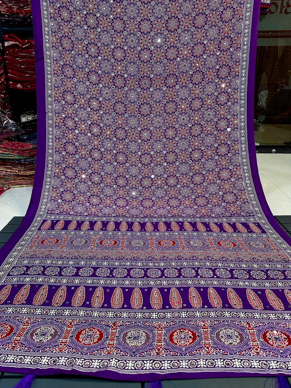 Ajrakh Crepe Silk Real Mirror Work Saree – 99 AED