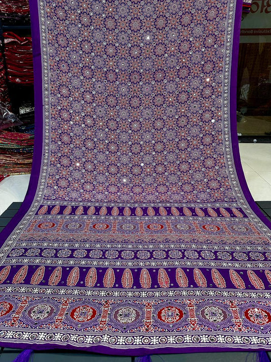 Ajrakh Crepe Silk Real Mirror Work Saree – 99 AED