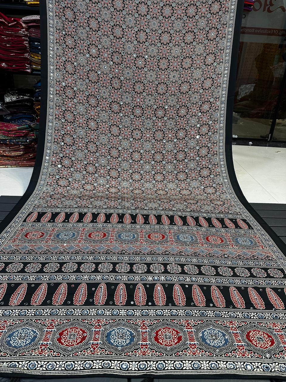 Ajrakh Crepe Silk Real Mirror Work Saree – 99 AED