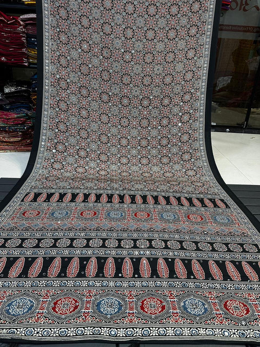 Ajrakh Crepe Silk Real Mirror Work Saree – 99 AED