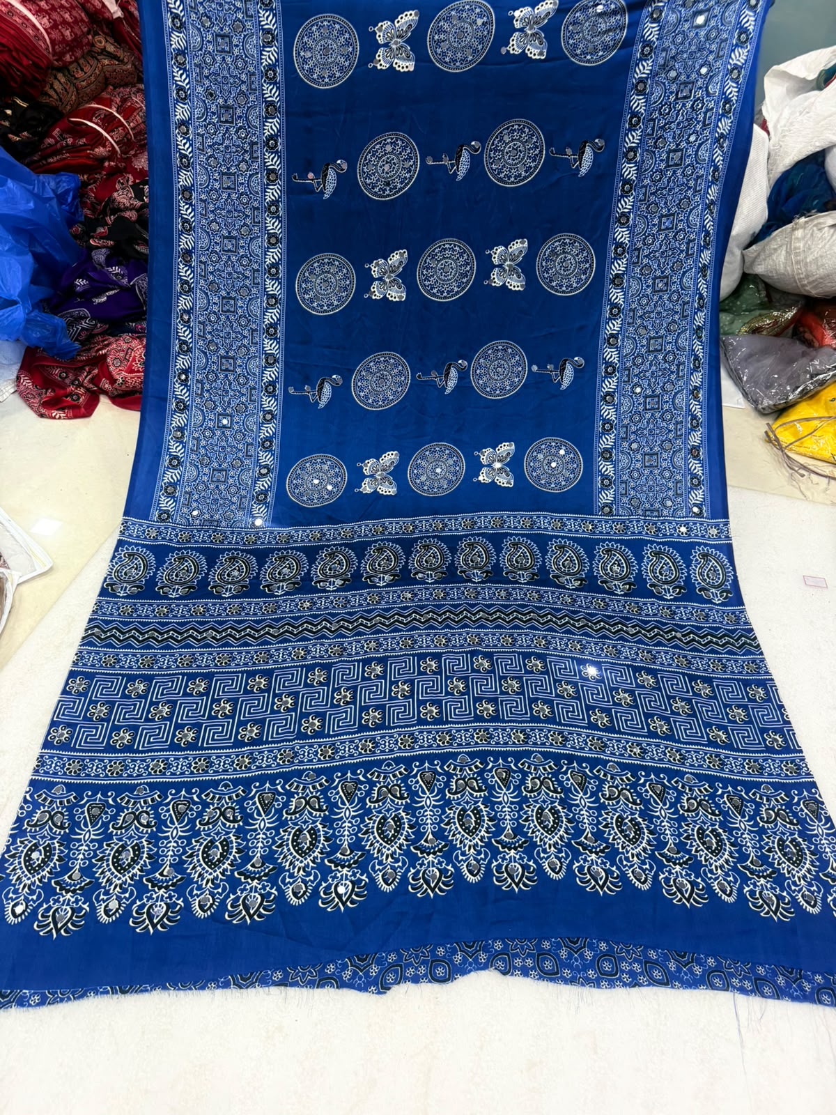 Ajrakh Crepe Silk Real Mirror Work Saree – 99 AED