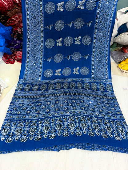 Ajrakh Crepe Silk Real Mirror Work Saree – 99 AED