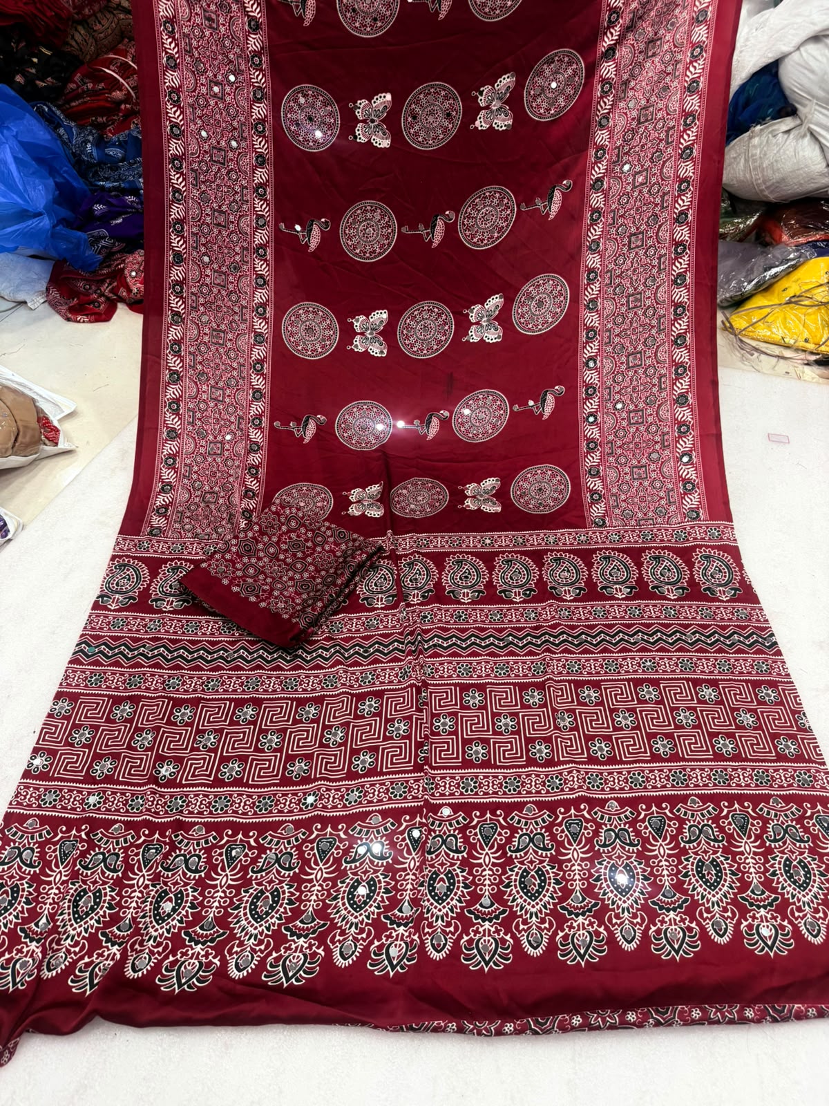 Ajrakh Crepe Silk Real Mirror Work Saree – 99 AED