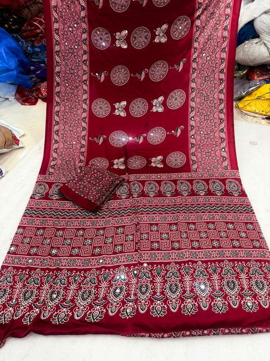 Ajrakh Crepe Silk Real Mirror Work Saree – 99 AED