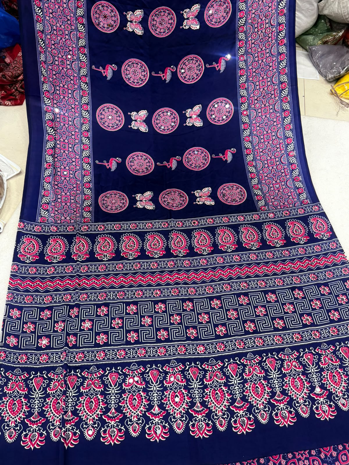 Ajrakh Crepe Silk Real Mirror Work Saree – 99 AED