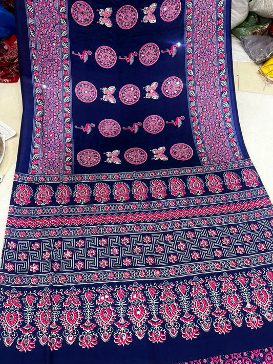 Ajrakh Crepe Silk Real Mirror Work Saree – 99 AED