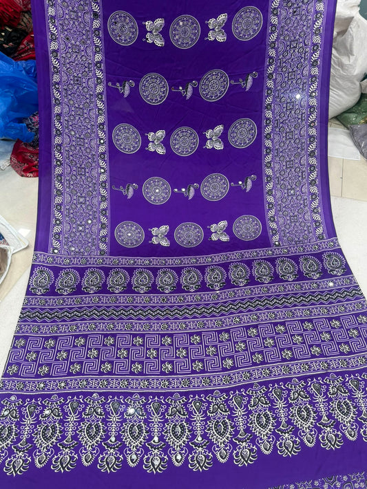Ajrakh Crepe Silk Real Mirror Work Saree – 99 AED