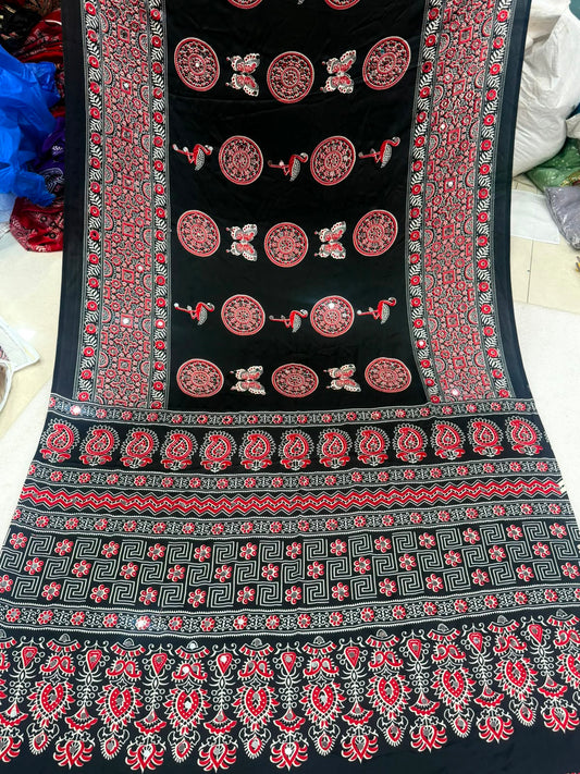 Ajrakh Crepe Silk Real Mirror Work Saree – 99 AED
