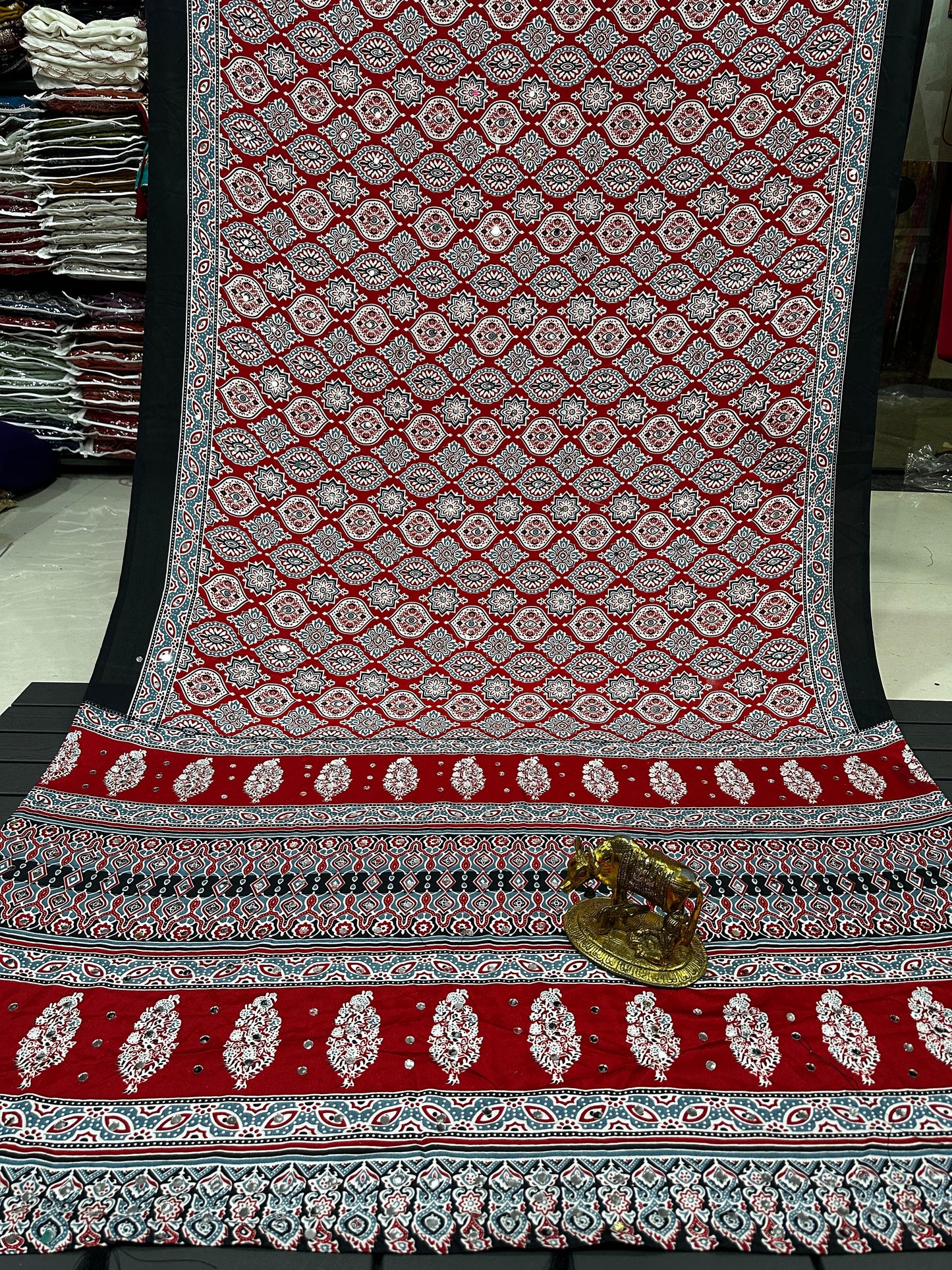 Ajrakh Crepe Silk Real Mirror Work Saree – 99 AED