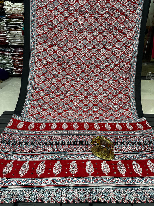 Ajrakh Crepe Silk Real Mirror Work Saree – 99 AED
