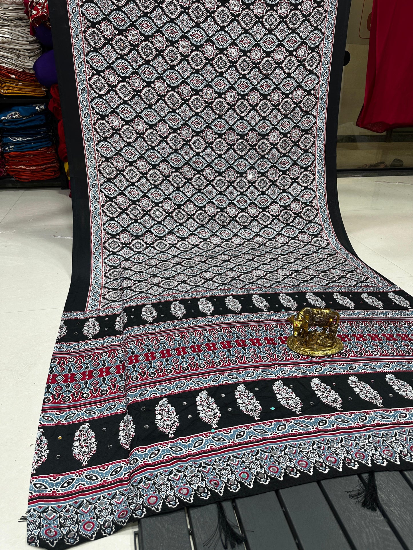 Ajrakh Crepe Silk Real Mirror Work Saree – 99 AED