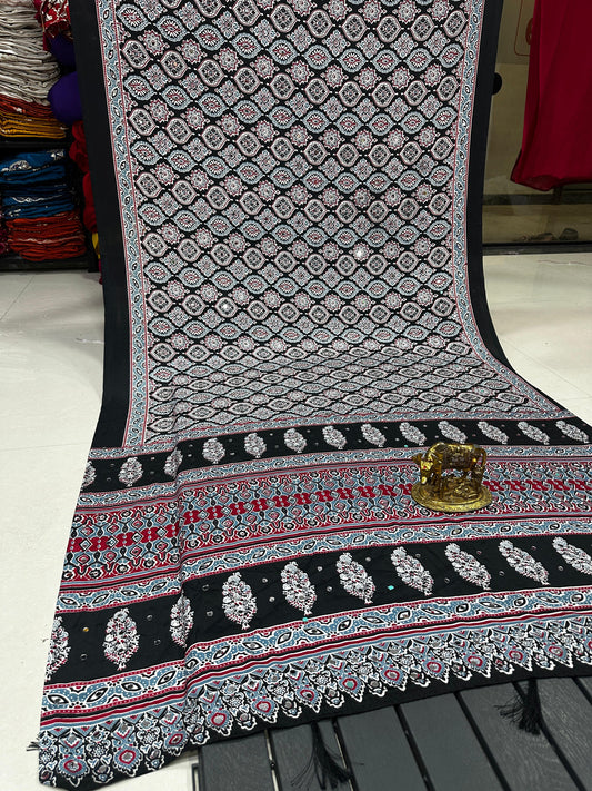 Ajrakh Crepe Silk Real Mirror Work Saree – 99 AED