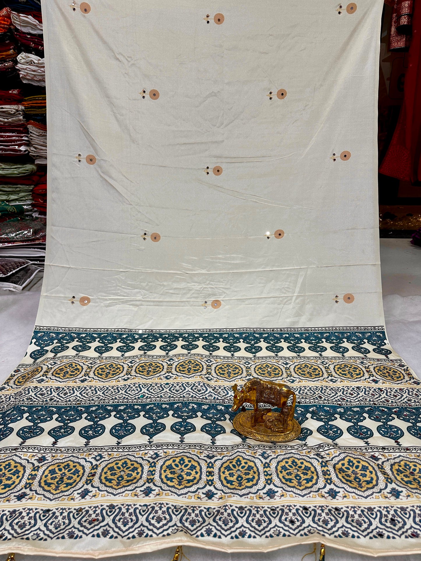 Ajrakh Crepe Silk Real Mirror Work Saree – 99 AED