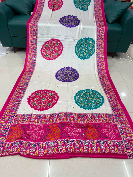 Ajrakh Crepe Silk Real Mirror Work Saree – 99 AED