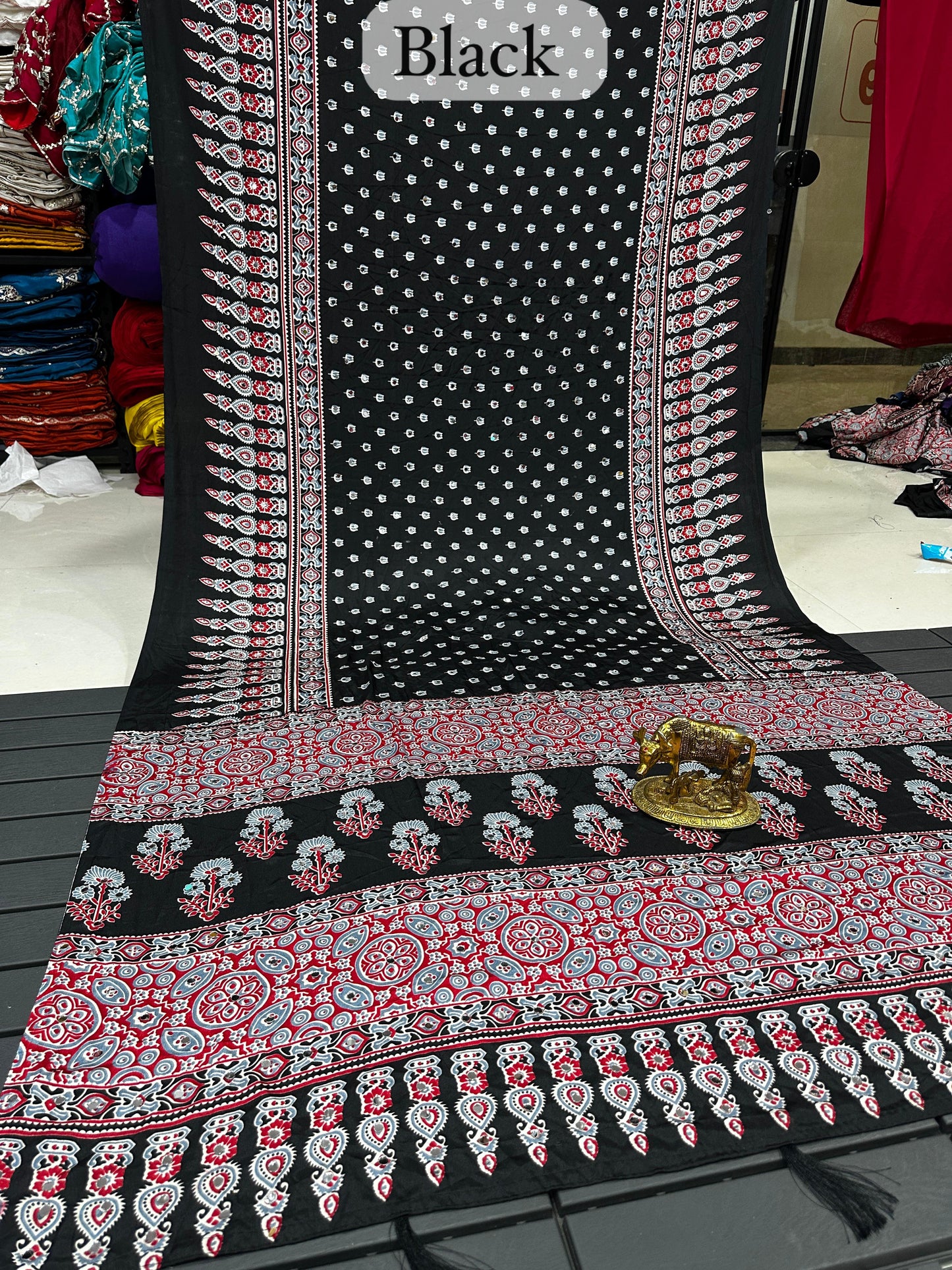 Ajrakh Crepe Silk Real Mirror Work Saree – 99 AED