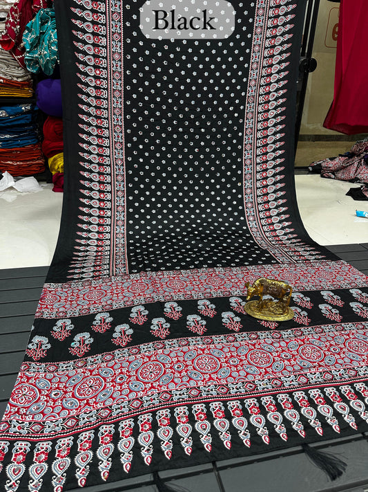 Ajrakh Crepe Silk Real Mirror Work Saree – 99 AED