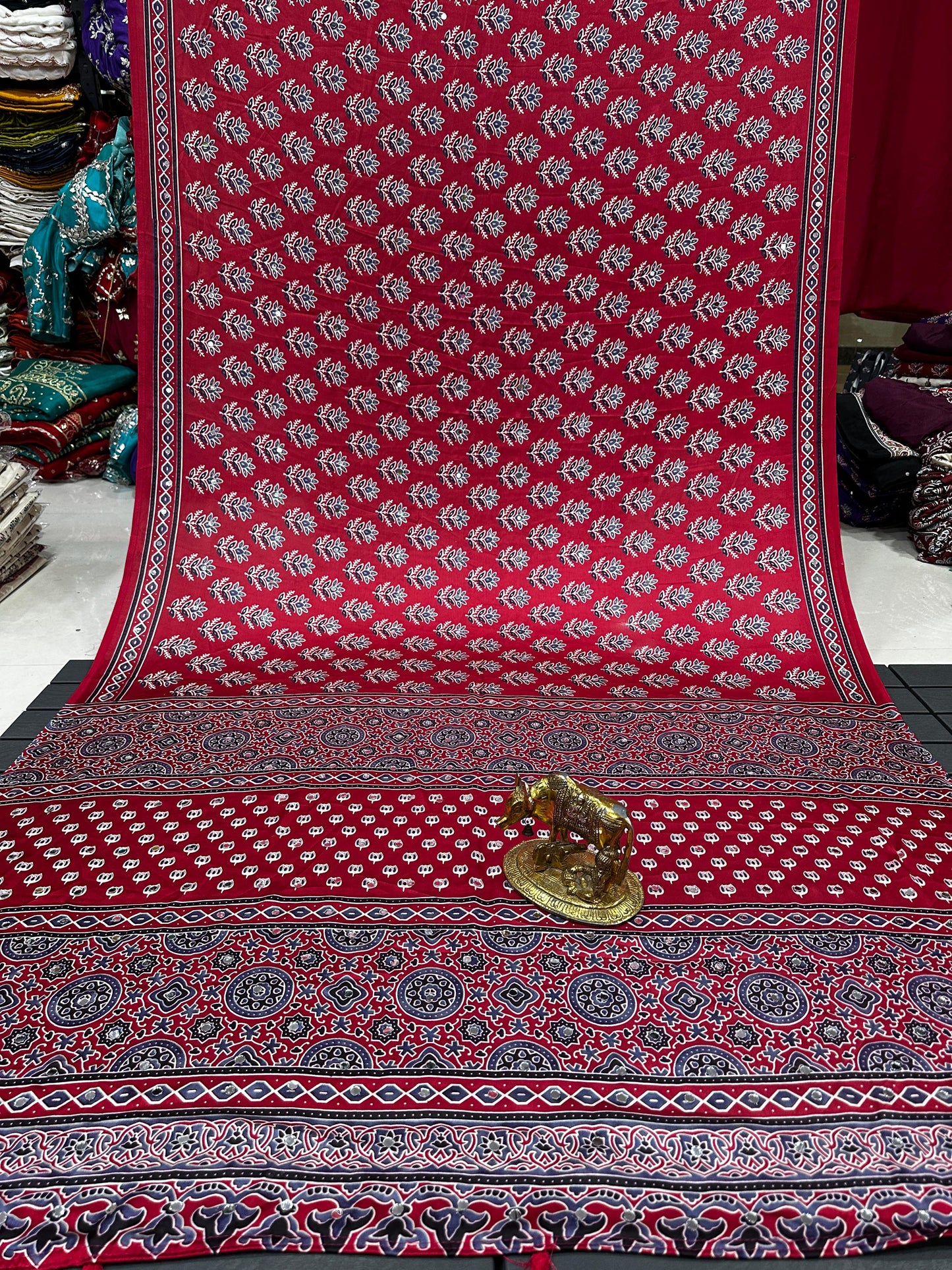 Ajrakh Crepe Silk Real Mirror Work Saree – 99 AED