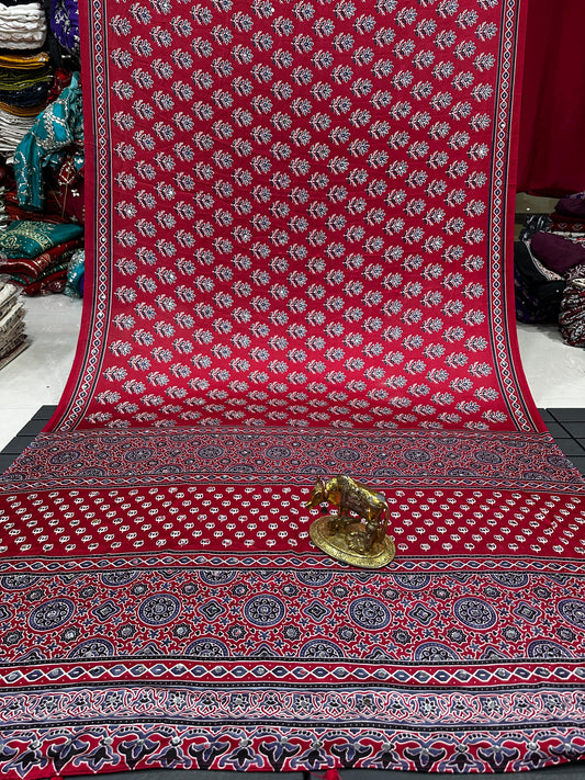 Ajrakh Crepe Silk Real Mirror Work Saree – 99 AED
