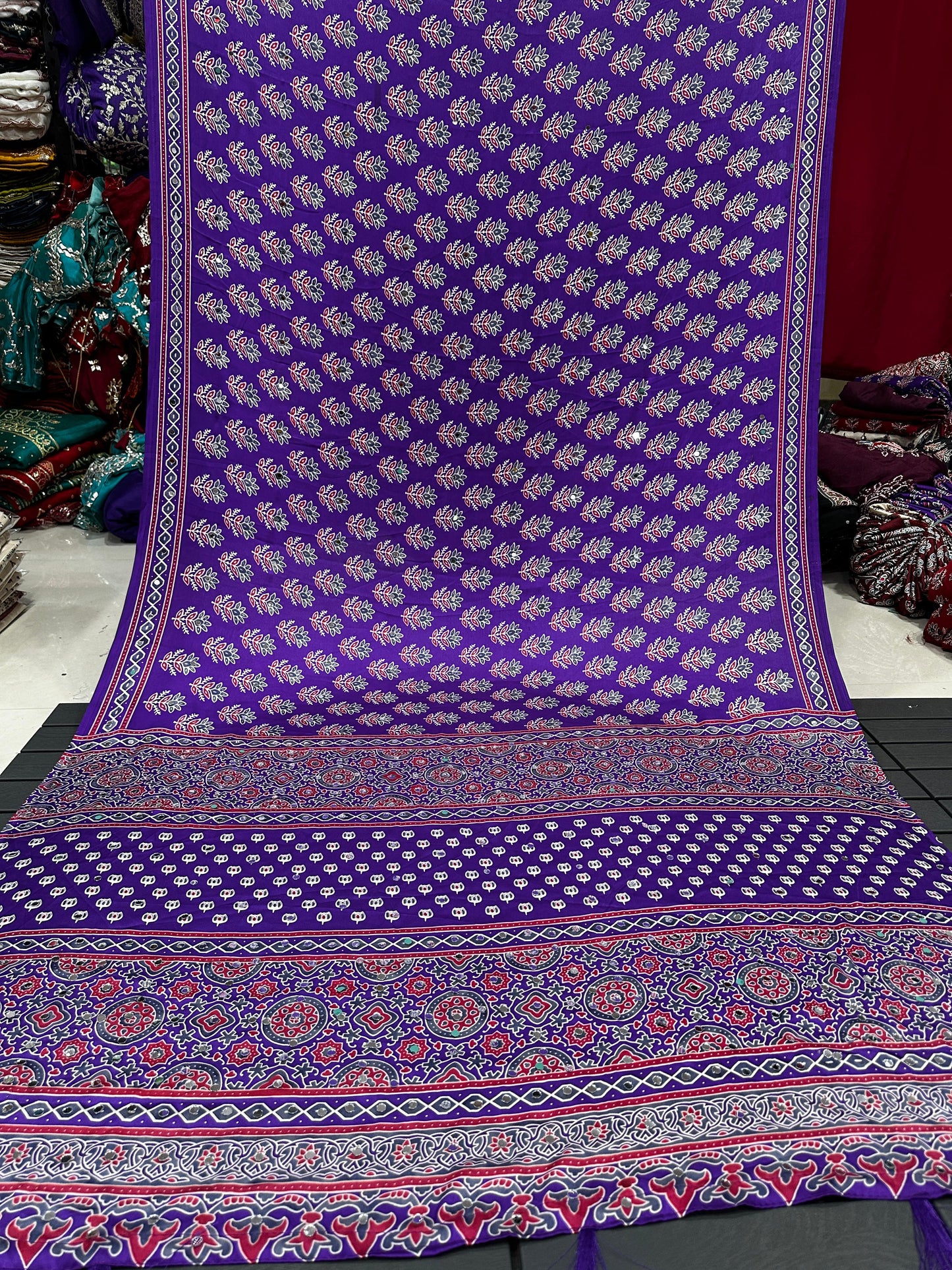 Ajrakh Crepe Silk Real Mirror Work Saree – 99 AED