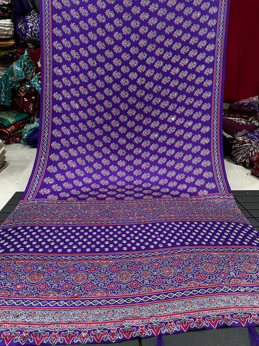 Ajrakh Crepe Silk Real Mirror Work Saree – 99 AED