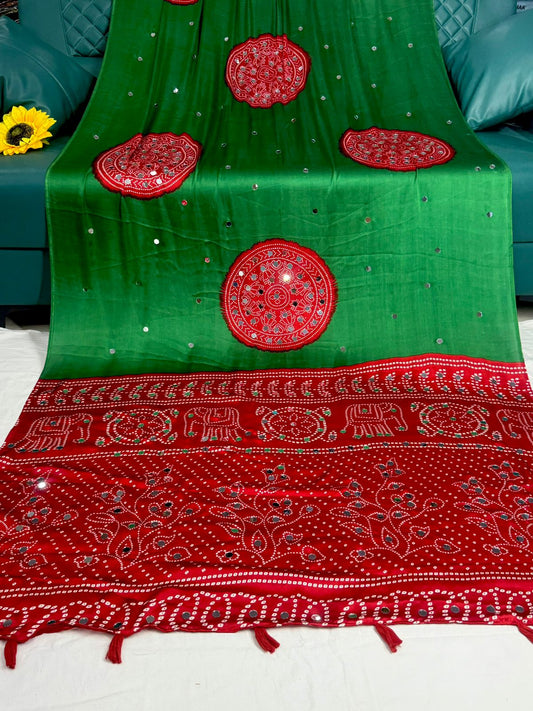 Ajrakh Crepe Silk Real Mirror Work Saree – 99 AED