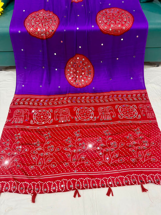 Ajrakh Crepe Silk Real Mirror Work Saree – 99 AED