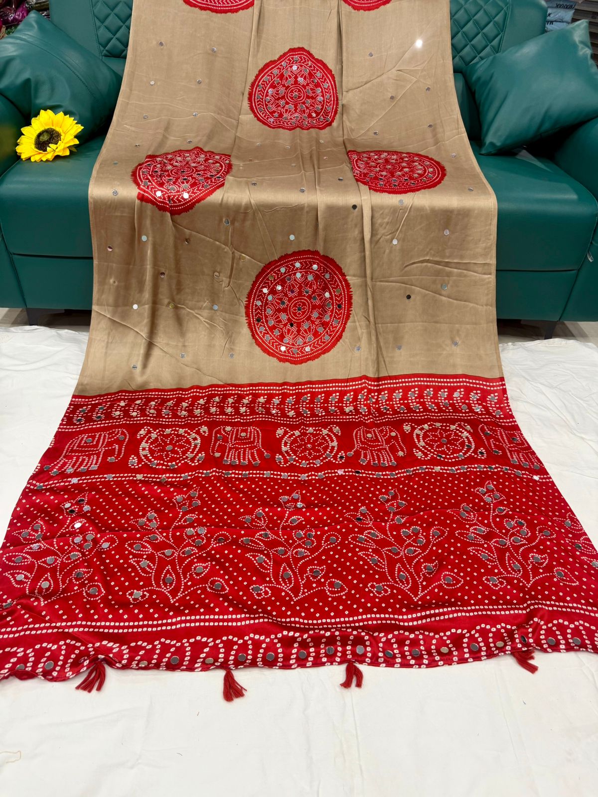 Ajrakh Crepe Silk Real Mirror Work Saree – 99 AED