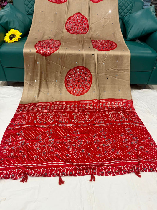 Ajrakh Crepe Silk Real Mirror Work Saree – 99 AED