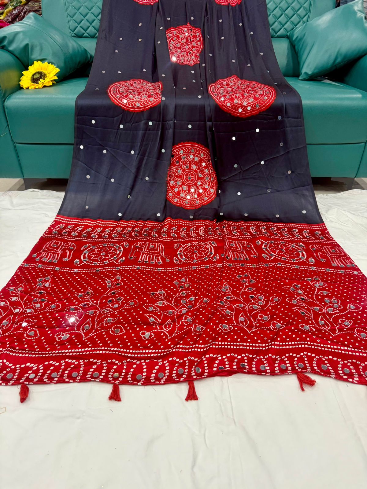 Ajrakh Crepe Silk Real Mirror Work Saree – 99 AED
