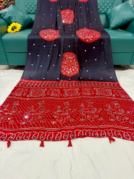 Ajrakh Crepe Silk Real Mirror Work Saree – 99 AED