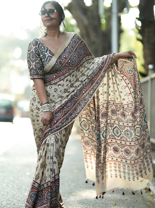 Ajrakh Crepe Silk Real Mirror Work Saree – 99 AED