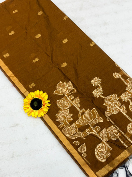 Muga Cotton Saree with Meenakari  Weaving & Motif Printed Pallu – 75 AED