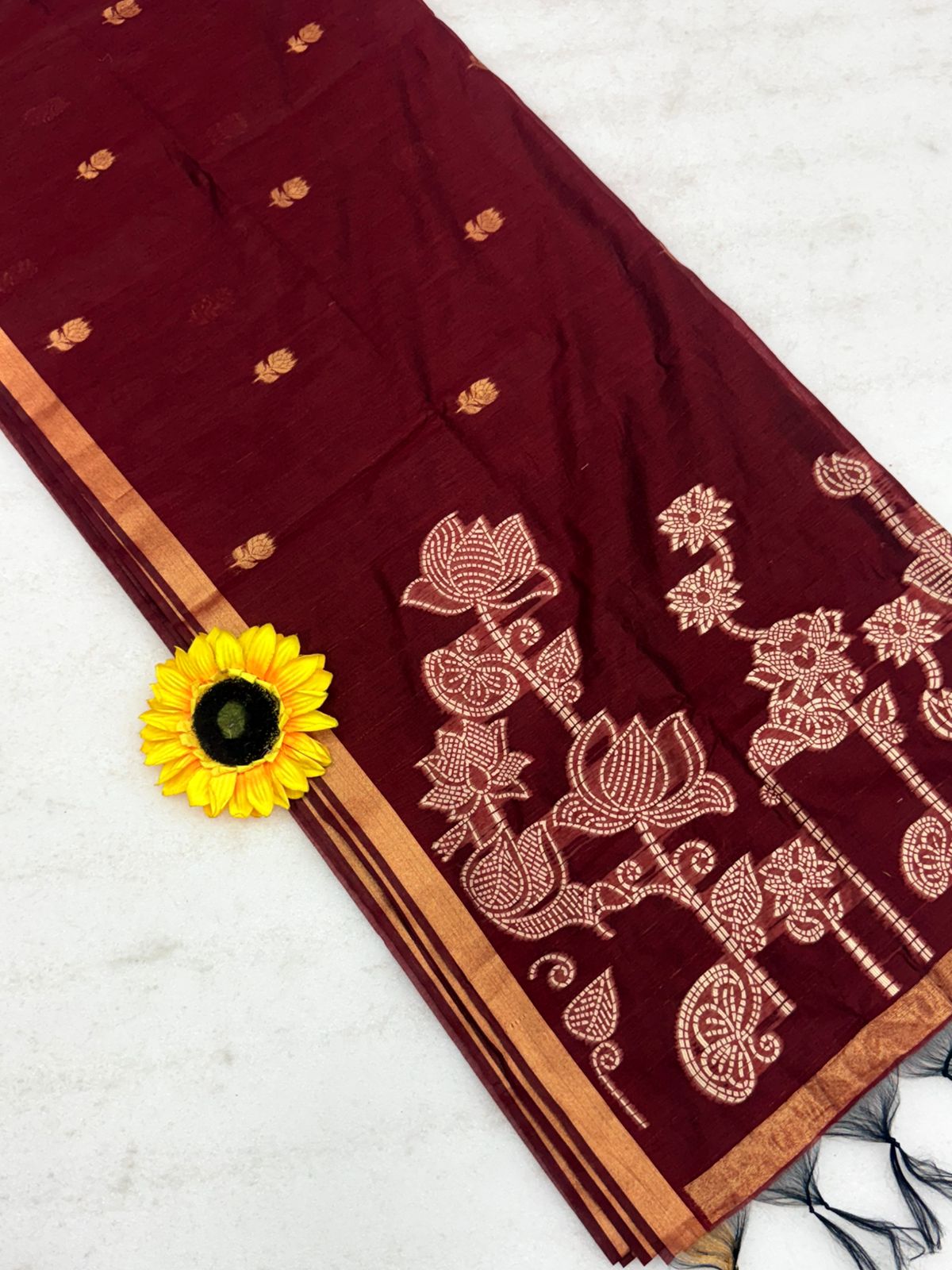Muga Cotton Saree with Meenakari Touch-Up & Motif Printed Pallu – 75 AED
