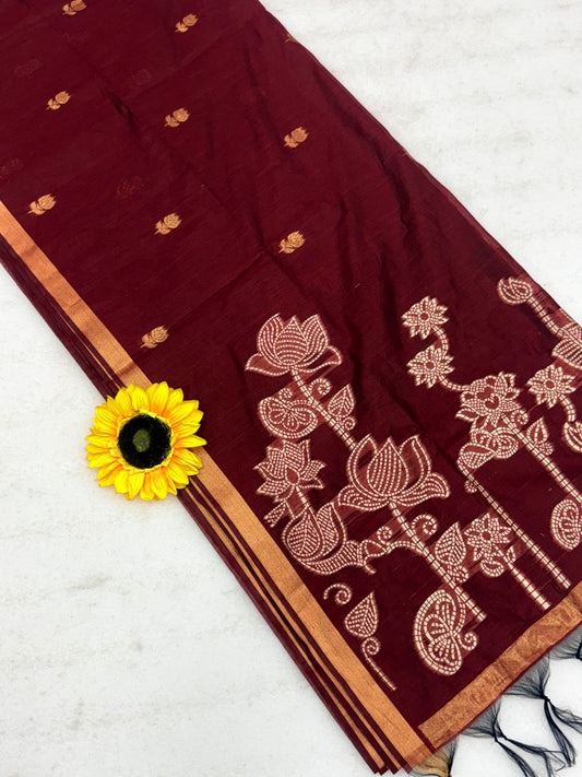 Muga Cotton Saree with Meenakari Touch-Up & Motif Printed Pallu – 75 AED