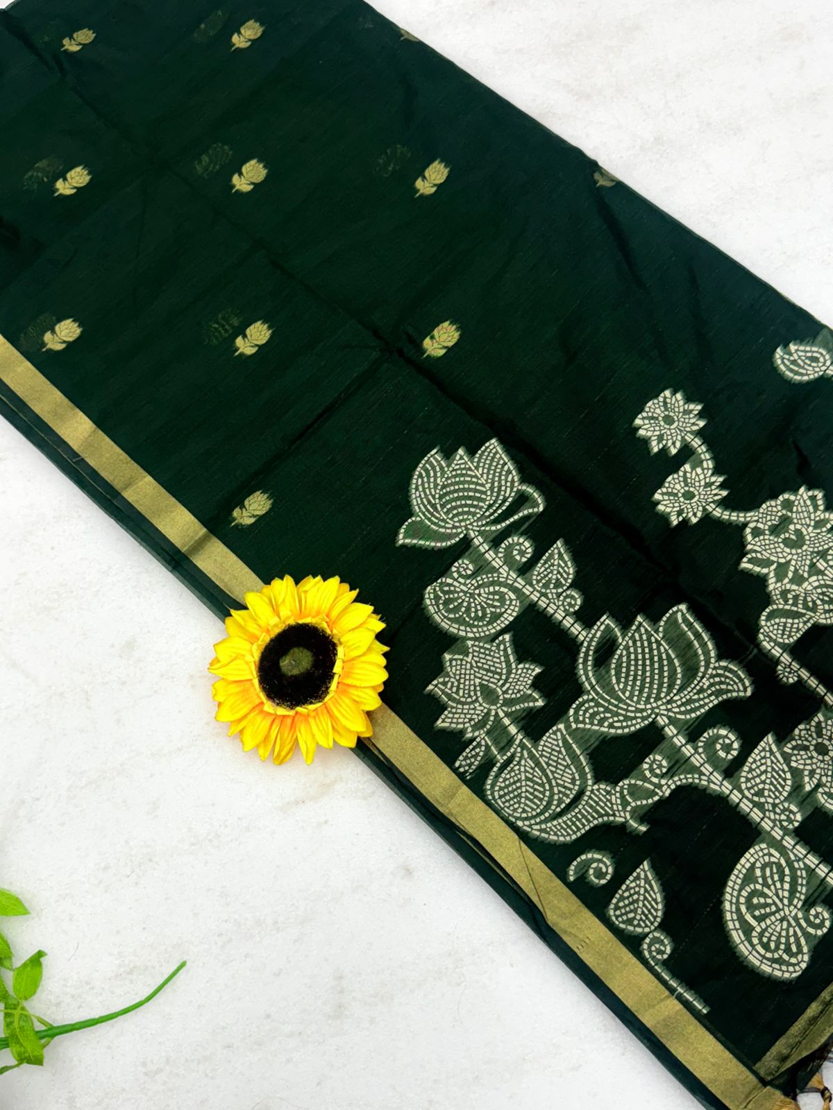 Muga Cotton Saree with Meenakari  Weaving & Motif Printed Pallu – 75 AED