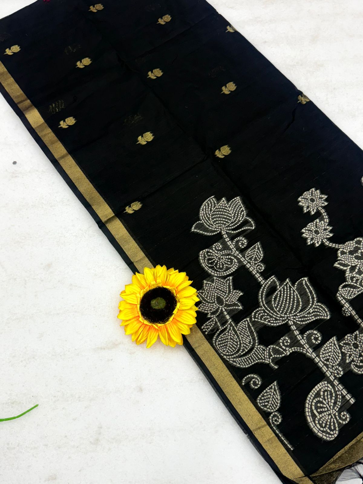 Muga Cotton Saree with Meenakari  Weaving & Motif Printed Pallu – 75 AED