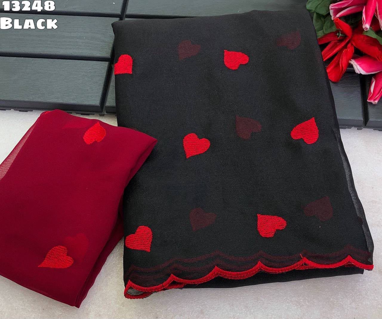 Faux Georgette Embroidered Saree with Contrast Blouse – 69 AED