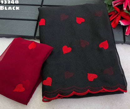 Faux Georgette Embroidered Saree with Contrast Blouse – 69 AED