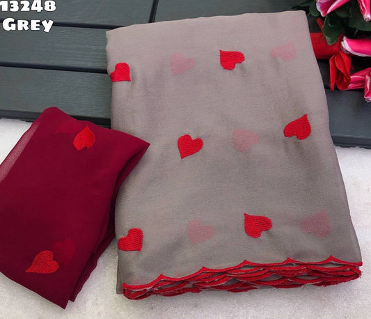 Faux Georgette Embroidered Saree with Contrast Blouse – 69 AED
