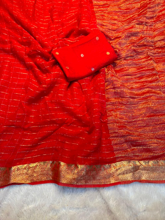 Georgette Viscose Saree with Checked Zari Pattern & Jacquard Silk Blouse – 99 AED