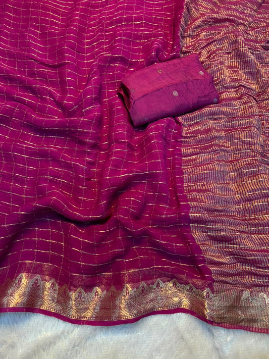 Georgette Viscose Saree with Checked Zari Pattern & Jacquard Silk Blouse – 99 AED