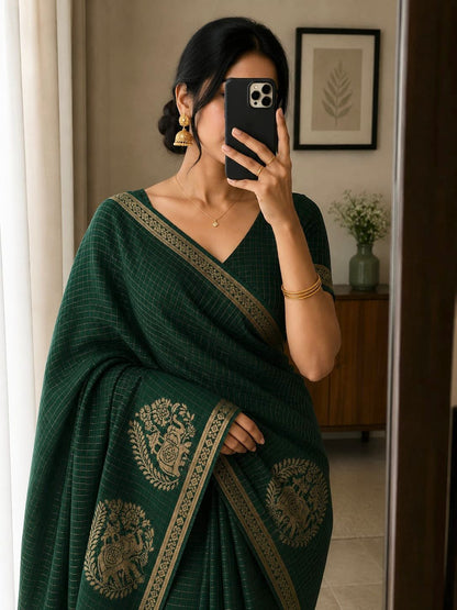 Viscose Chinnon Silk Saree with Checked Pattern & Viscose Zari Borders – 115 AED