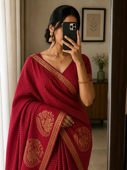Viscose Chinnon Silk Saree with Checked Pattern & Viscose Zari Borders – 115 AED