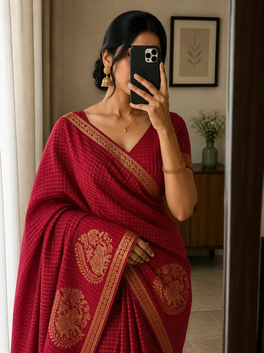 Viscose Chinnon Silk Saree with Checked Pattern & Viscose Zari Borders – 115 AED