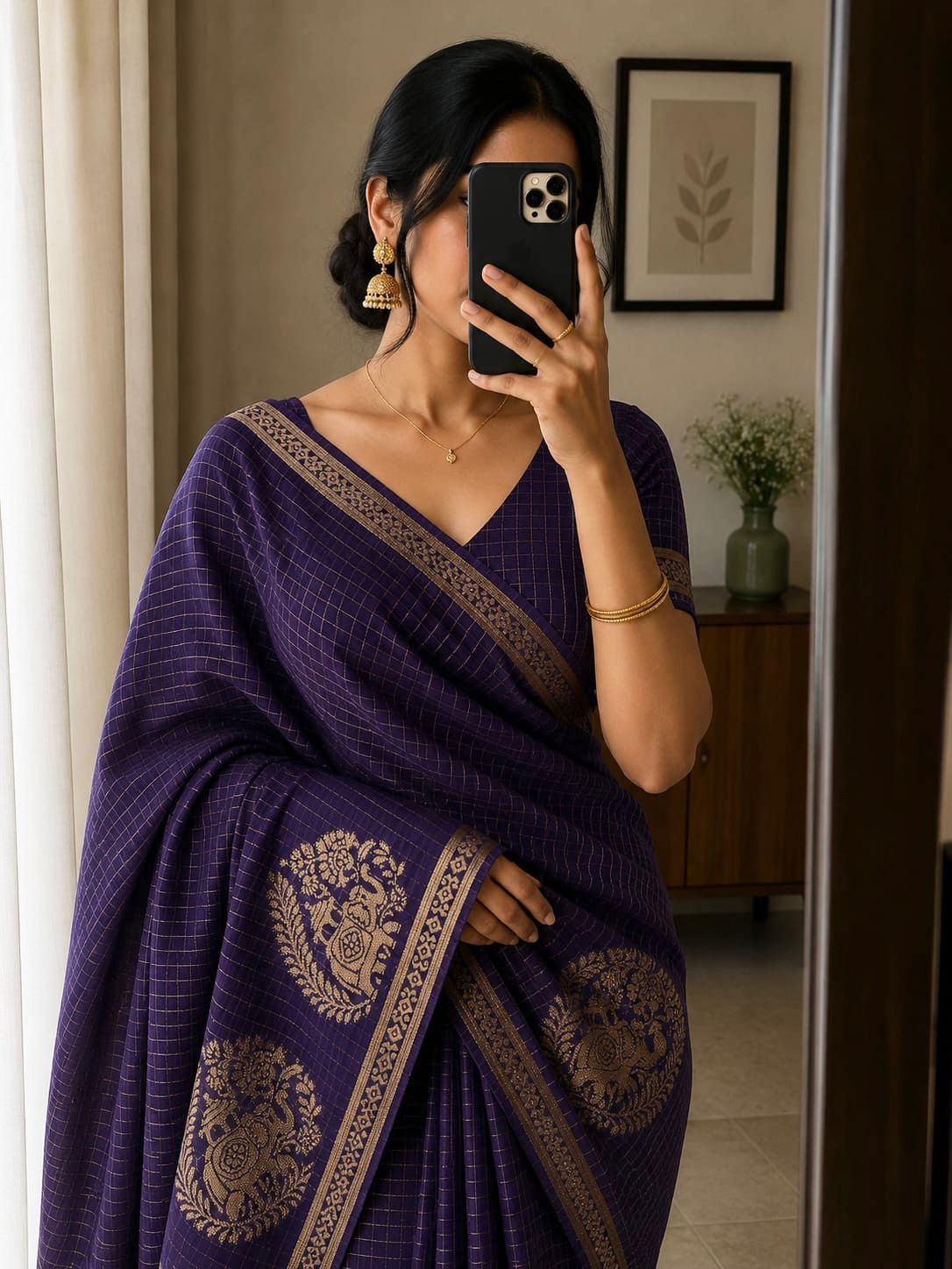 Viscose Chinnon Silk Saree with Checked Pattern & Viscose Zari Borders – 115 AED