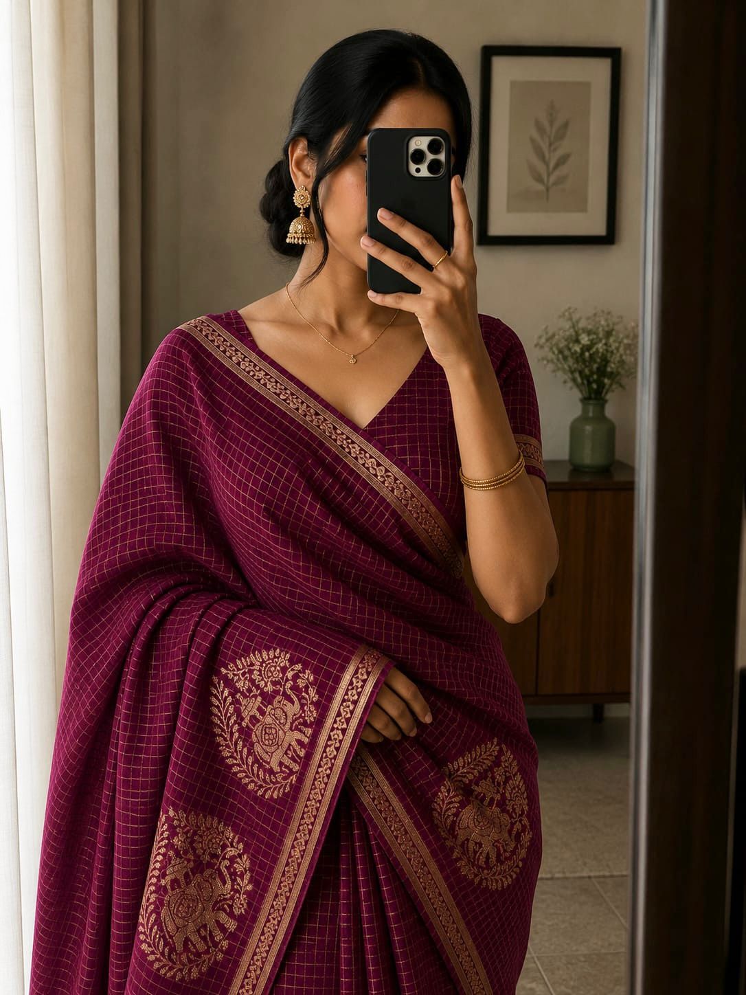 Viscose Chinnon Silk Saree with Checked Pattern & Viscose Zari Borders – 115 AED