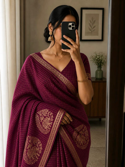 Viscose Chinnon Silk Saree with Checked Pattern & Viscose Zari Borders – 115 AED