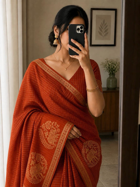 Viscose Chinnon Silk Saree with Checked Pattern & Viscose Zari Borders – 115 AED
